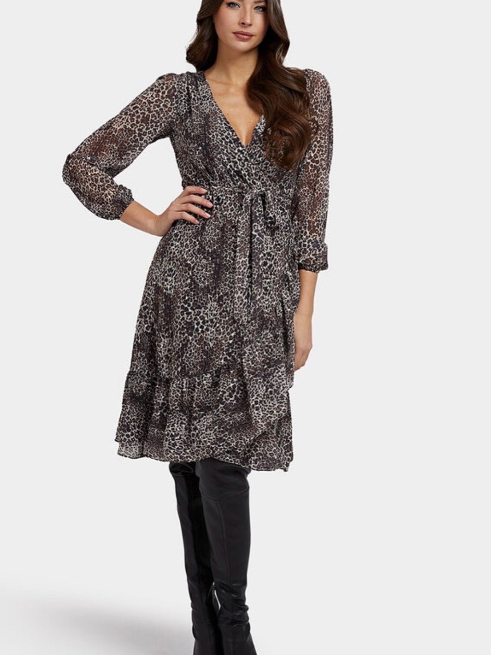 Guess Nina Leopard Animal Print Ruffle Belted Wrap Midi Dress Long Sleeves VNeck
